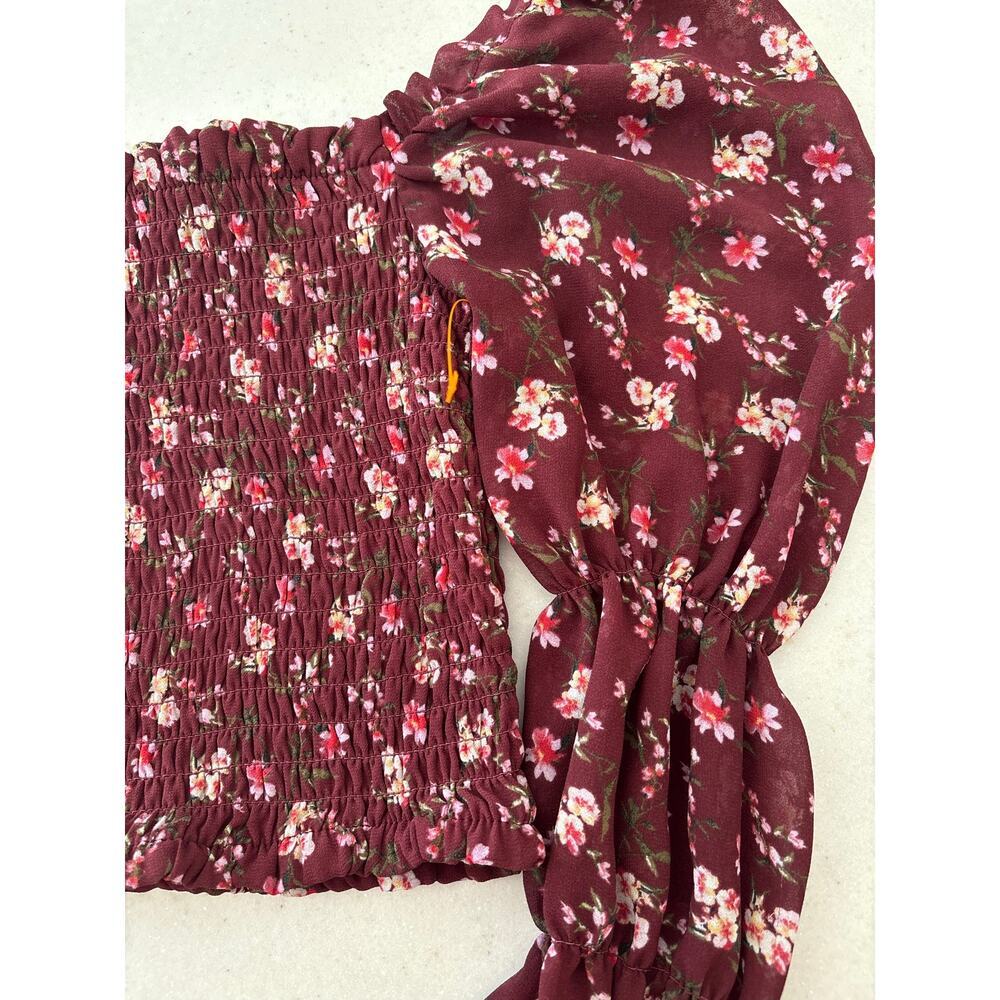 Wild Fable Floral Smocked Crop Top XS Burgundy Long Sleeve Cottagecore Blouse - Picture 6 of 12